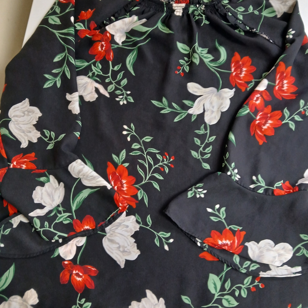 Old Navy Black Blouse with Red and White Floral Design